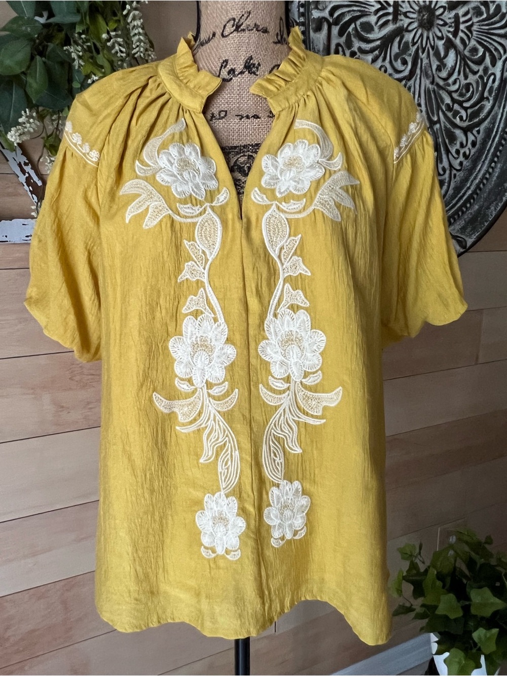 Umgee Yellow Embroidered Floral Peasant Blouse